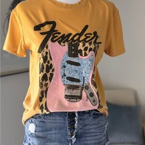 Fender Mustard Tee with Pink Guitar Design